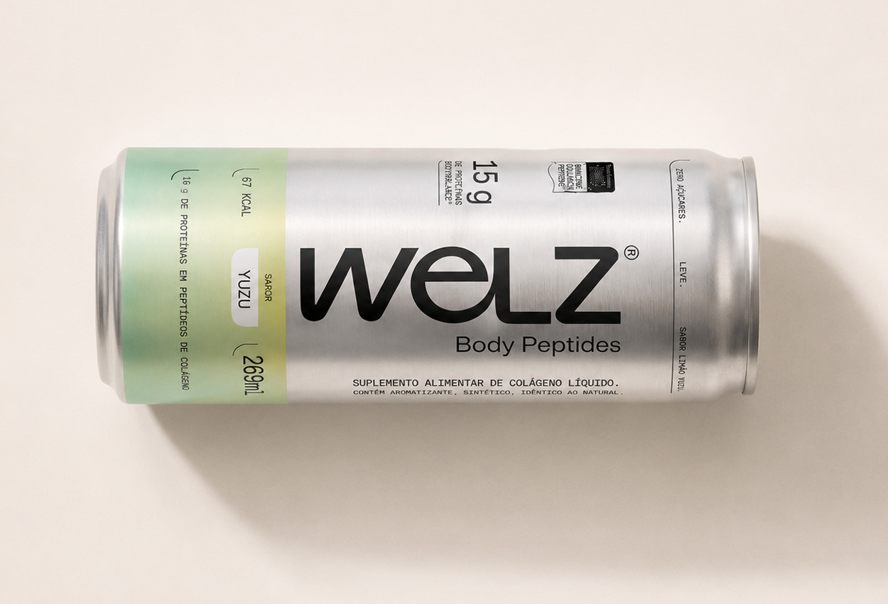 Lata de Welz Body Peptides sabor yuzu deitada sobre fundo claro
